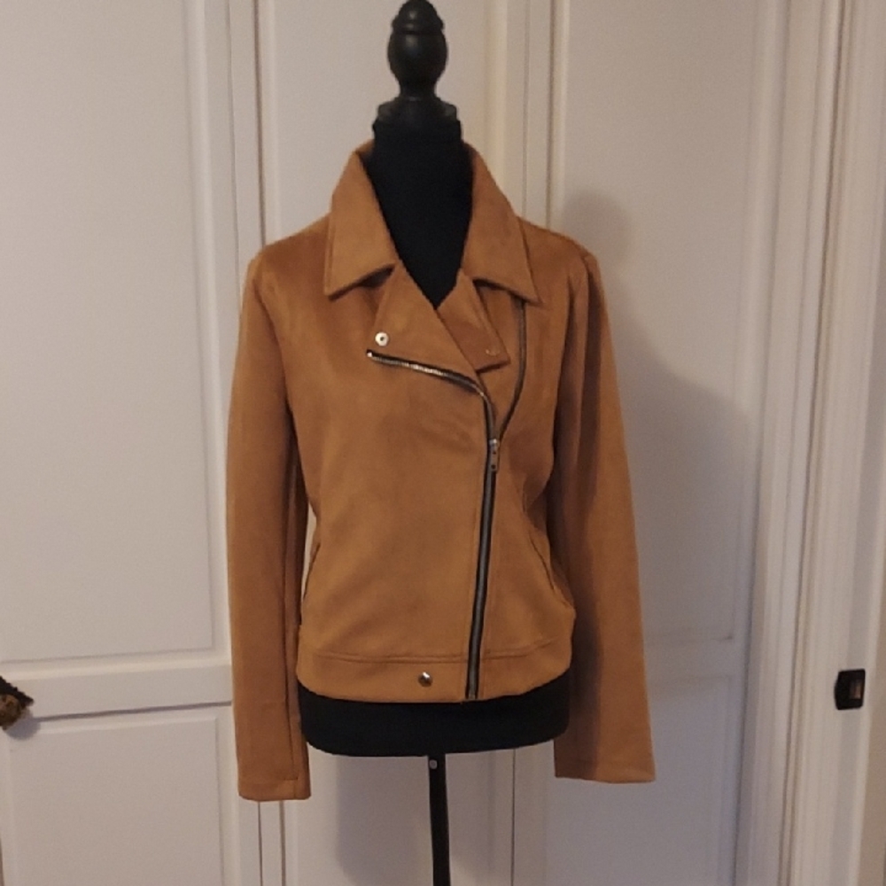 Tan Faux Suede Moto Jacket Biker Jacket Zip Front Size M